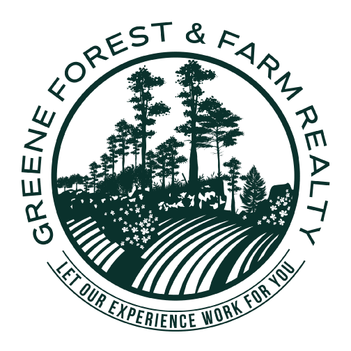 Logo for Greene Forest & Farm Realty featuring trees, fields, and farm landscape, with the slogan 'Let Our Experience Work for You'.