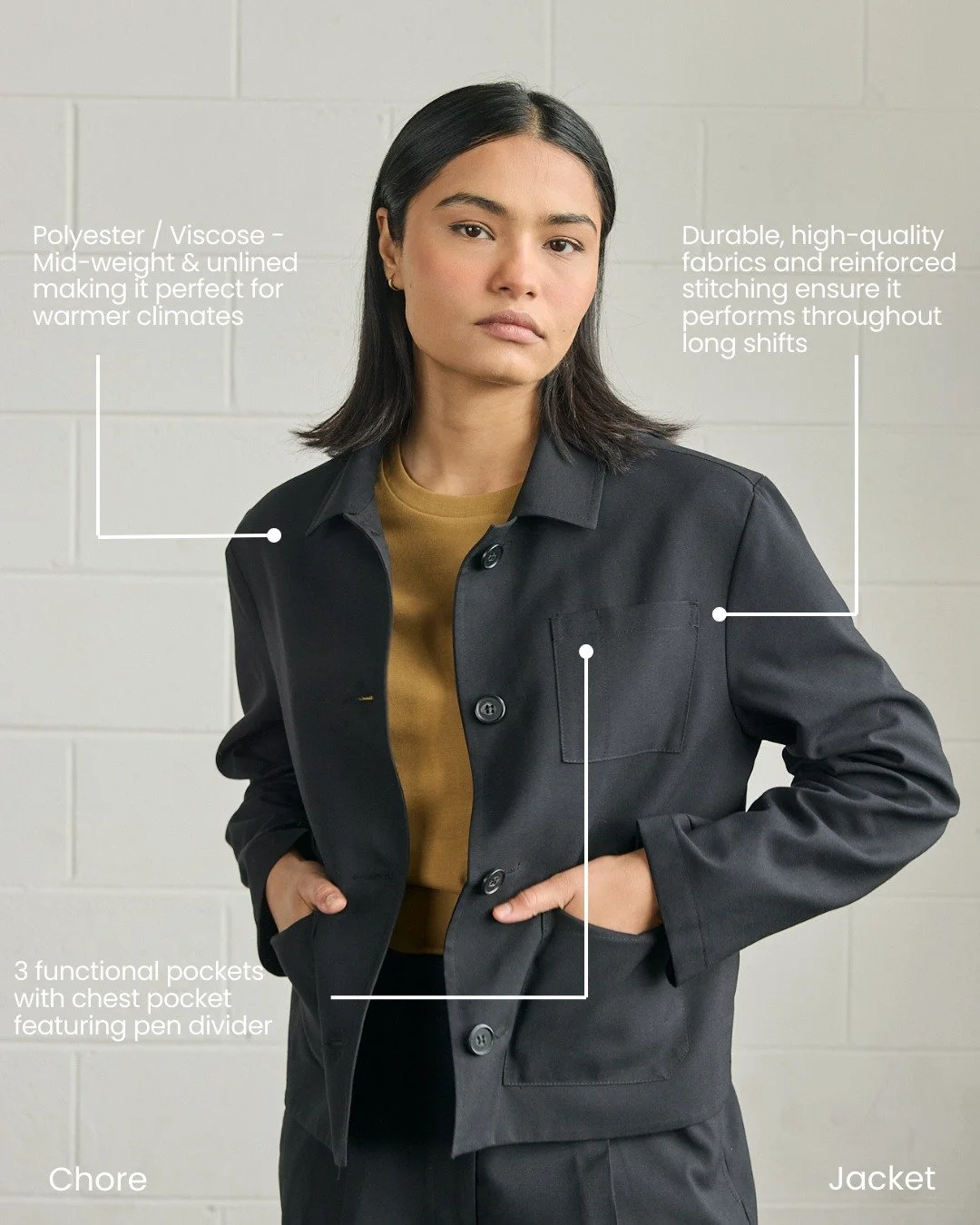 Our Chore Jacket reimagines classic workwear for today&rsquo;s hospitality professional.
With a relaxed modern fit and elevated detailing, it effortlessly balances style and functionality. 

Durable, high-quality fabrics and reinforced stitching ensu