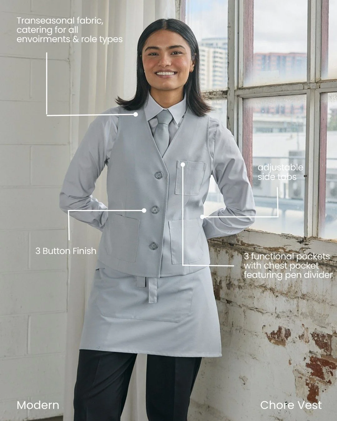 Designed for environments where presentation is key, the PC Corporate Modern Chore Vest balances form and function.

Designed to complement our Chore Jacket &amp; Pleat Pant. Finish off the look with our waist apron either as a monotone look or contr