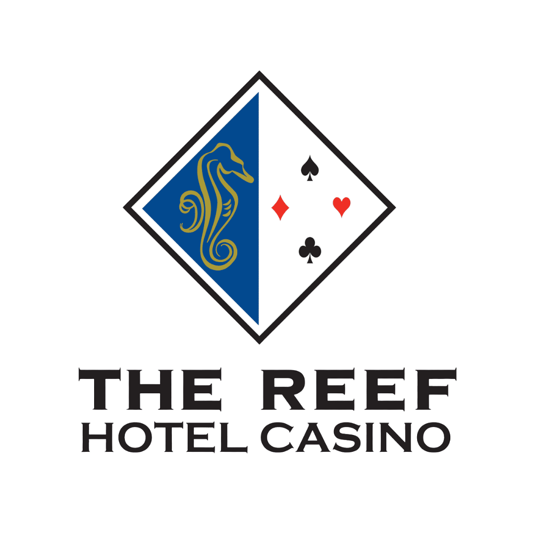 Logo of The Reef Hotel Casino featuring a seahorse and playing cards with the suit symbols of spade, diamond, heart, and club.