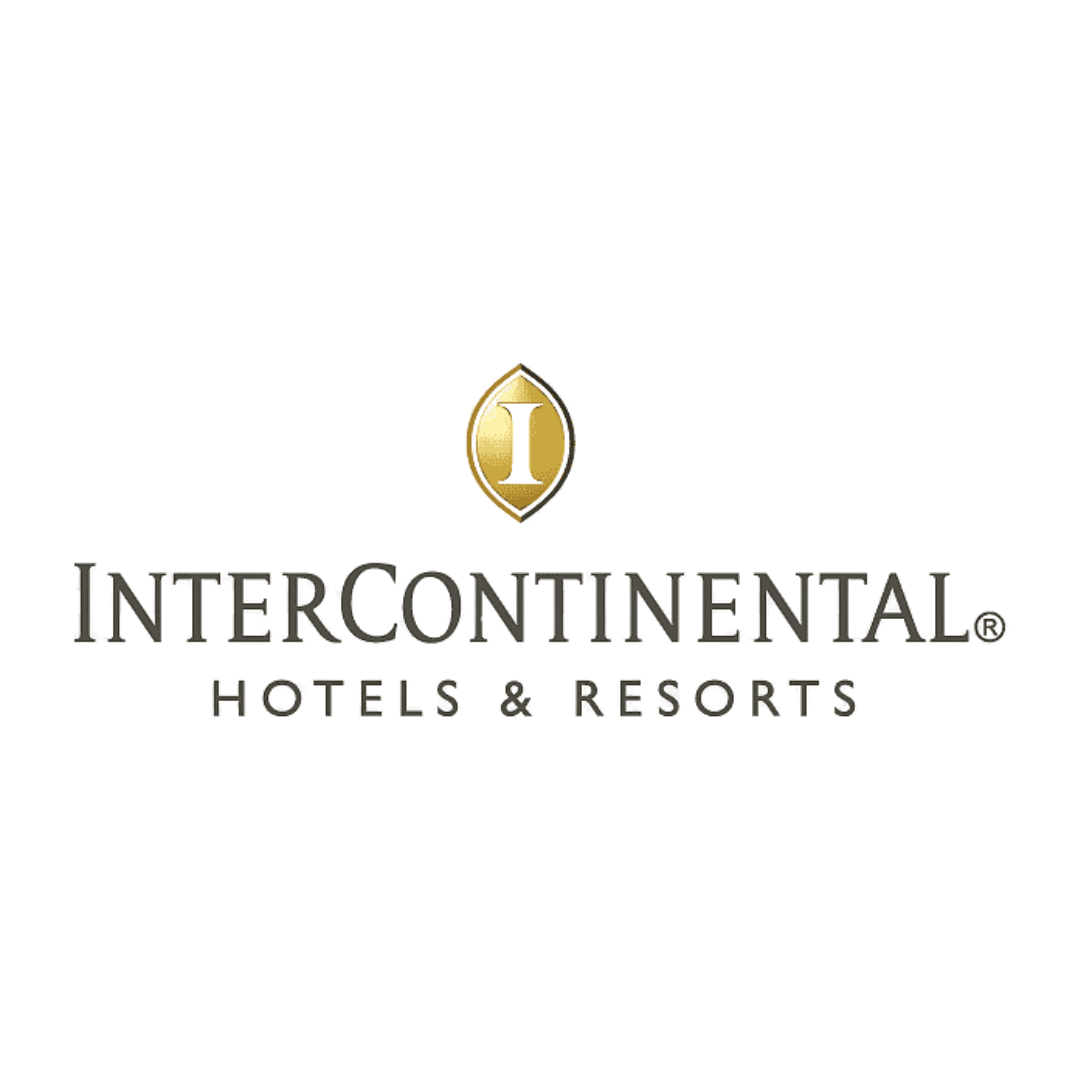 Logo for InterContinental Hotels & Resorts featuring a gold globe with a red and yellow detail and a black background.