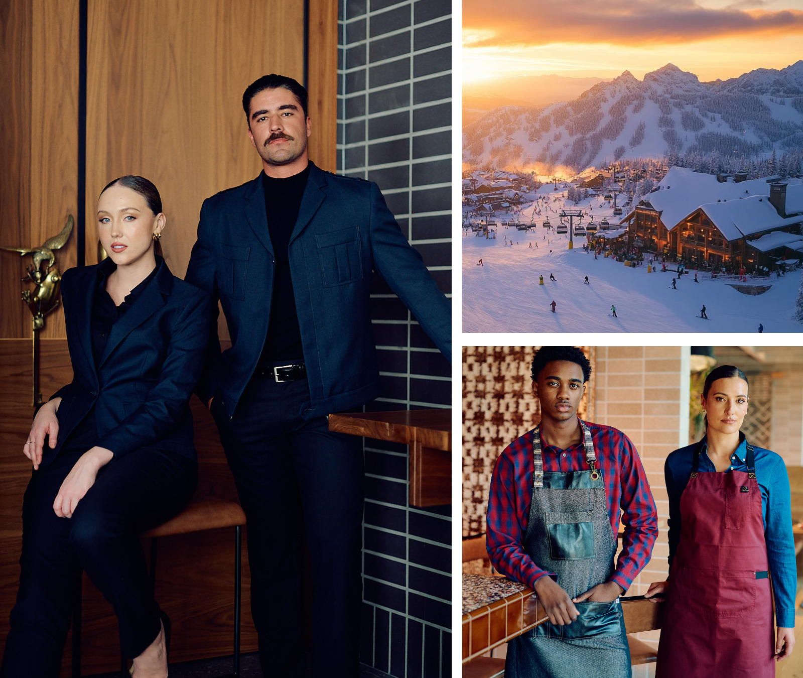 Collage of three images: the first shows a man and woman in tuxedos indoors, the second displays a snowy ski resort at sunset, and the third features two people in aprons, likely employees, standing in a restaurant.