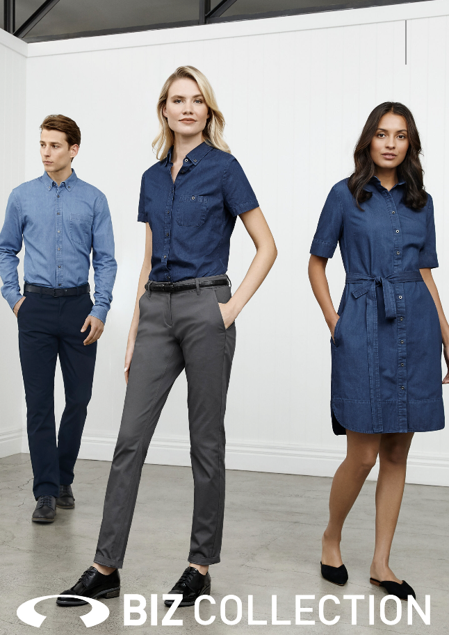 Three people in business casual attire posing in a minimalist indoor space, with the logo BIZ COLLECTION displayed at the bottom.