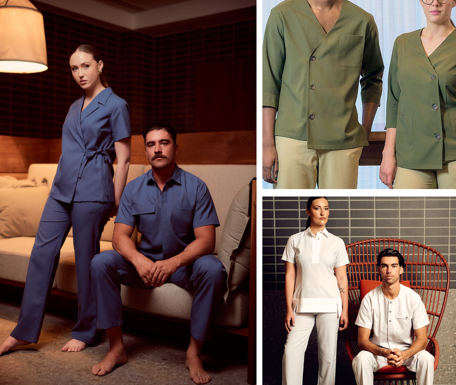 Collage of three photos showcasing different uniforms. The left photo features a woman and a man in matching blue pajamas in a cozy bedroom setting. The top right photo shows two people wearing green medical scrubs with beige pants in a bright room. The bottom right photo depicts a woman and a man in white medical uniforms seated and standing against a gray brick wall background.