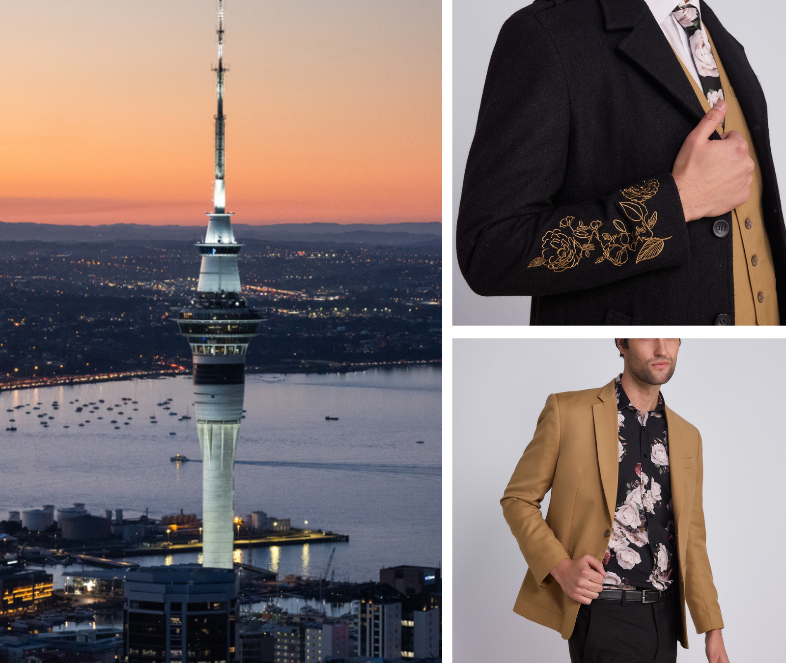 A collage with a cityscape featuring a large tower during sunset on the left, and two men in stylish blazers on the right, one in a black blazer with floral embroidery and the other in a tan blazer with a floral shirt.