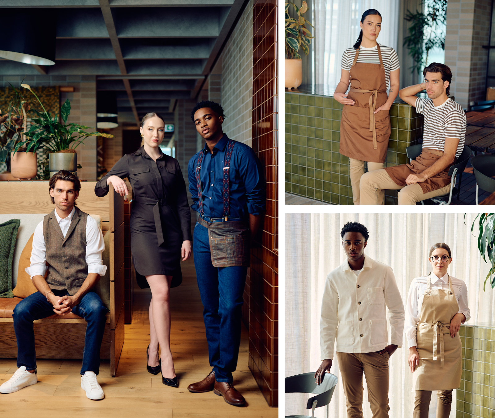 Group of restaurant staff members posing in different settings, wearing uniforms suitable for their roles, including aprons and casual work attire.