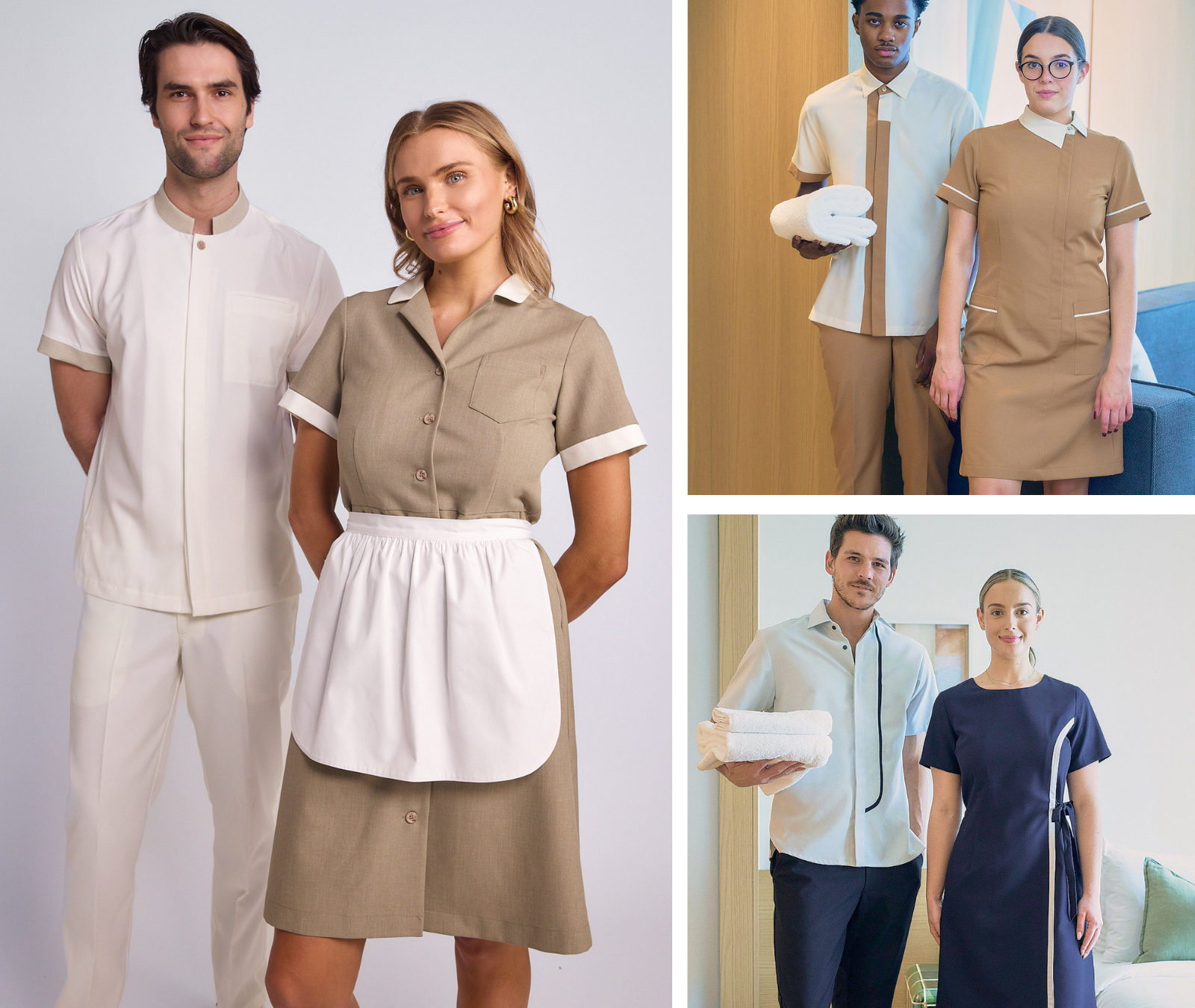 Collateral images of housekeepers and hotel staff in uniform, holding towels, set in indoor hotel environments.