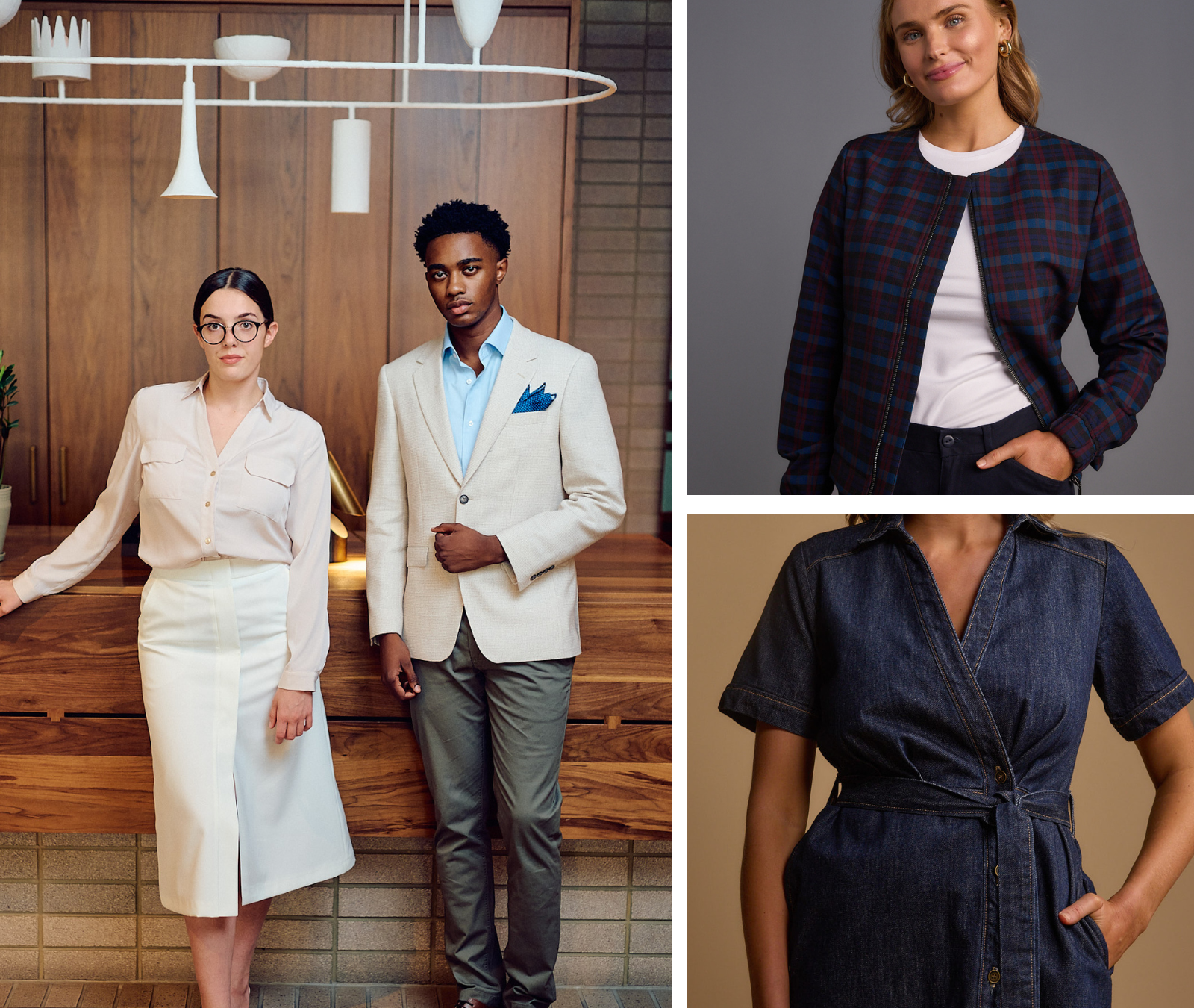 Group of three people, two women and one man, dressed in formal and semi-formal attire, standing against a wood-paneled wall in an indoor setting.