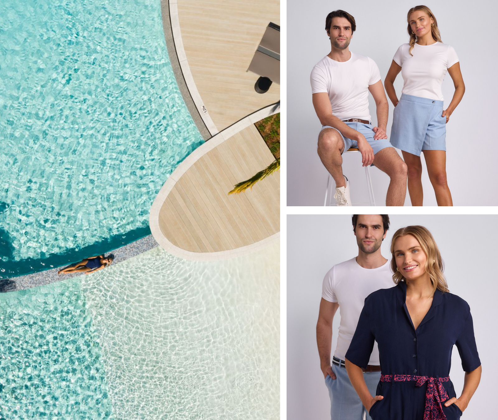 An aerial view of a swimming pool with a person sunbathing on a poolside lounge chair, alongside two images of a man and a woman posing in casual summer outfits in front of a plain background.
