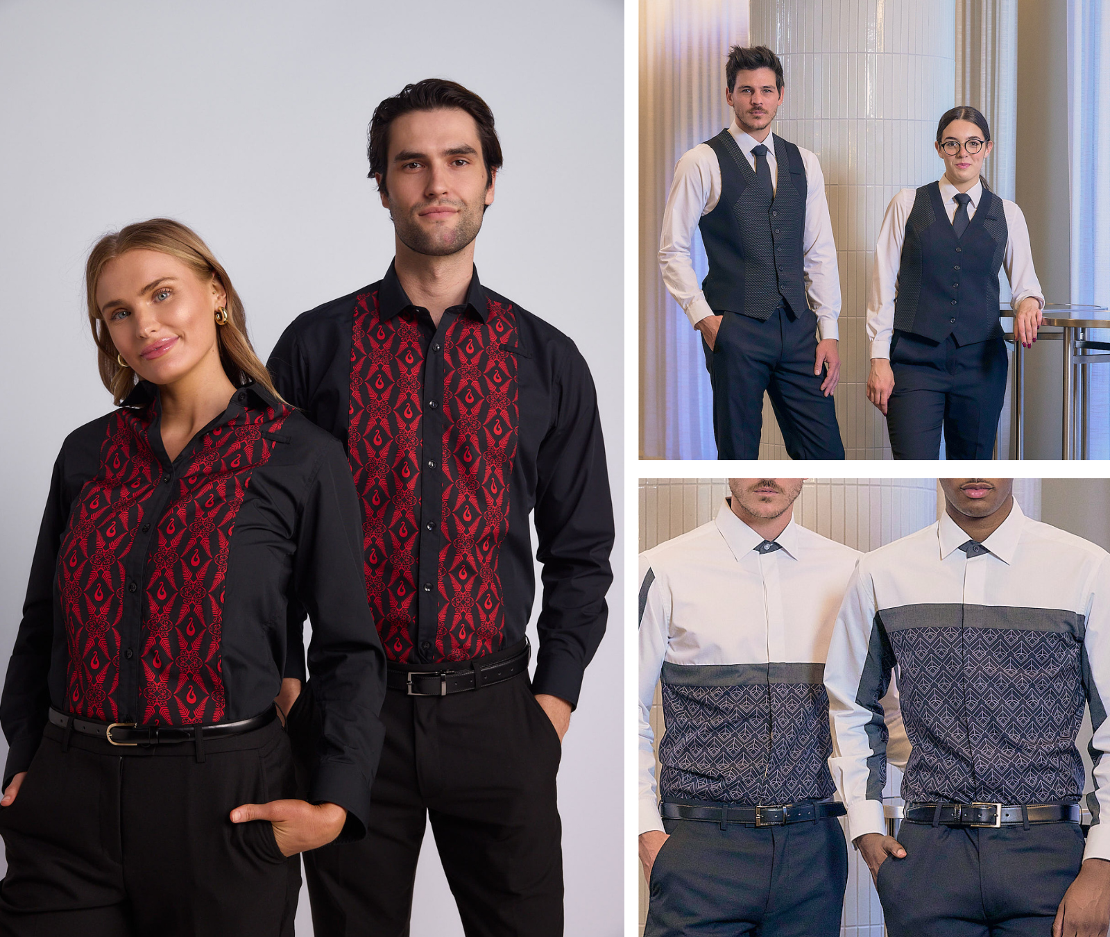 Group of four people wearing professional uniforms: two women and two men, with various patterned shirts and vests in different settings.