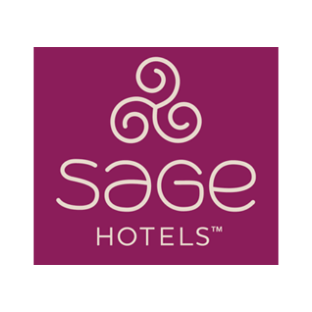 Logo of Sage Hotels with purple background and stylized white swirl icon.