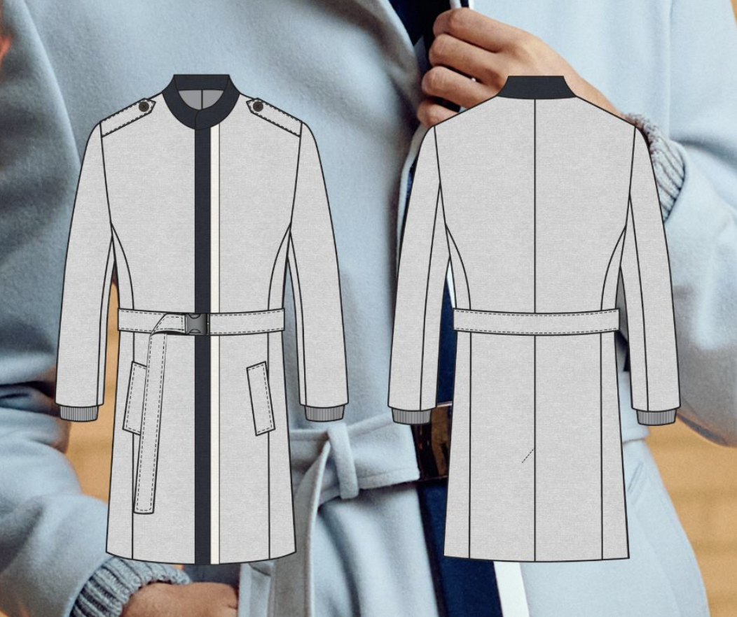 Two sketches of a long gray coat, front and back views, with a belt, epaulets on the shoulders, and a high collar.