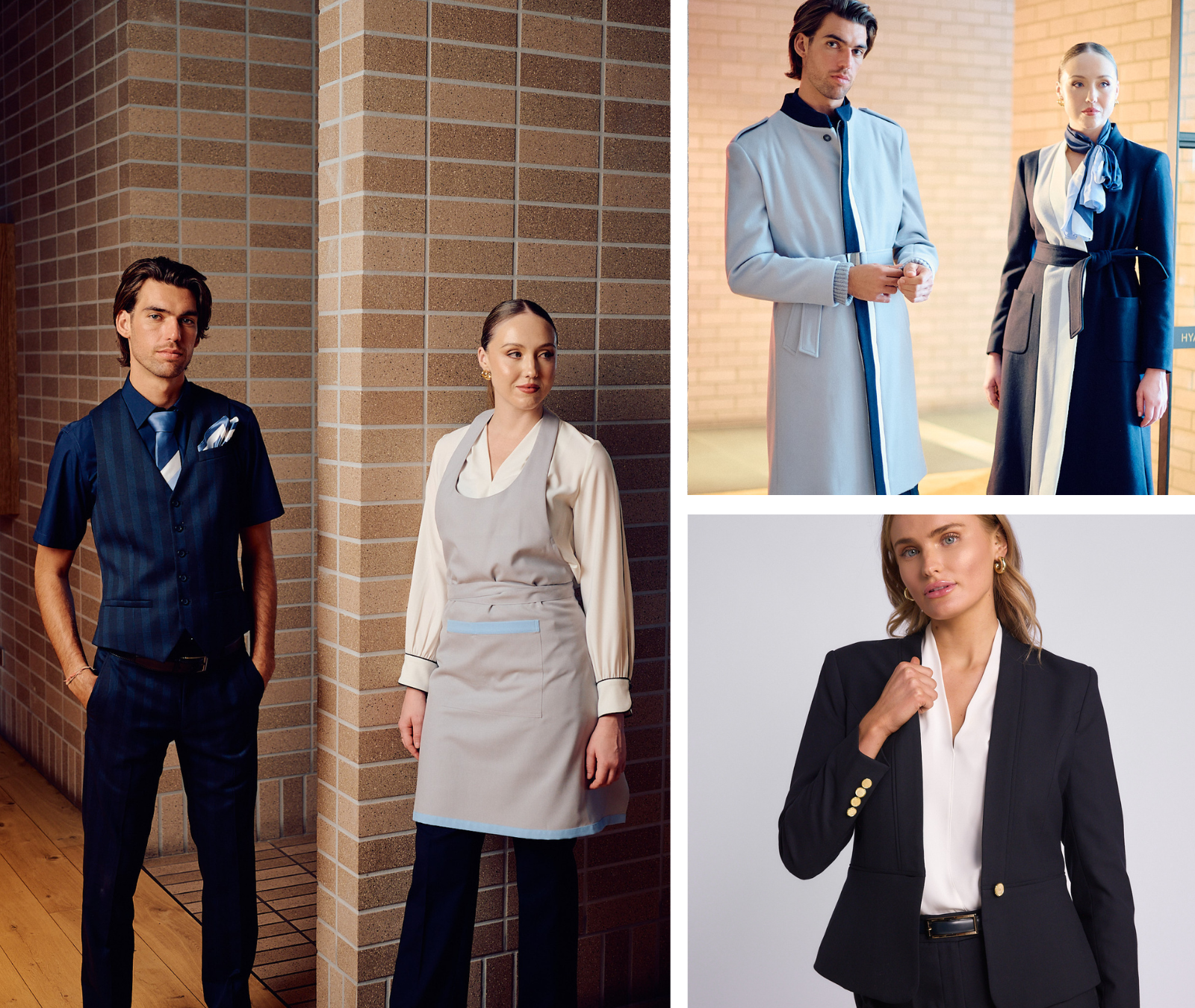 Images of professionally dressed individuals, including two men and women in business or hospitality attire, posing against brick wall and indoor backgrounds.