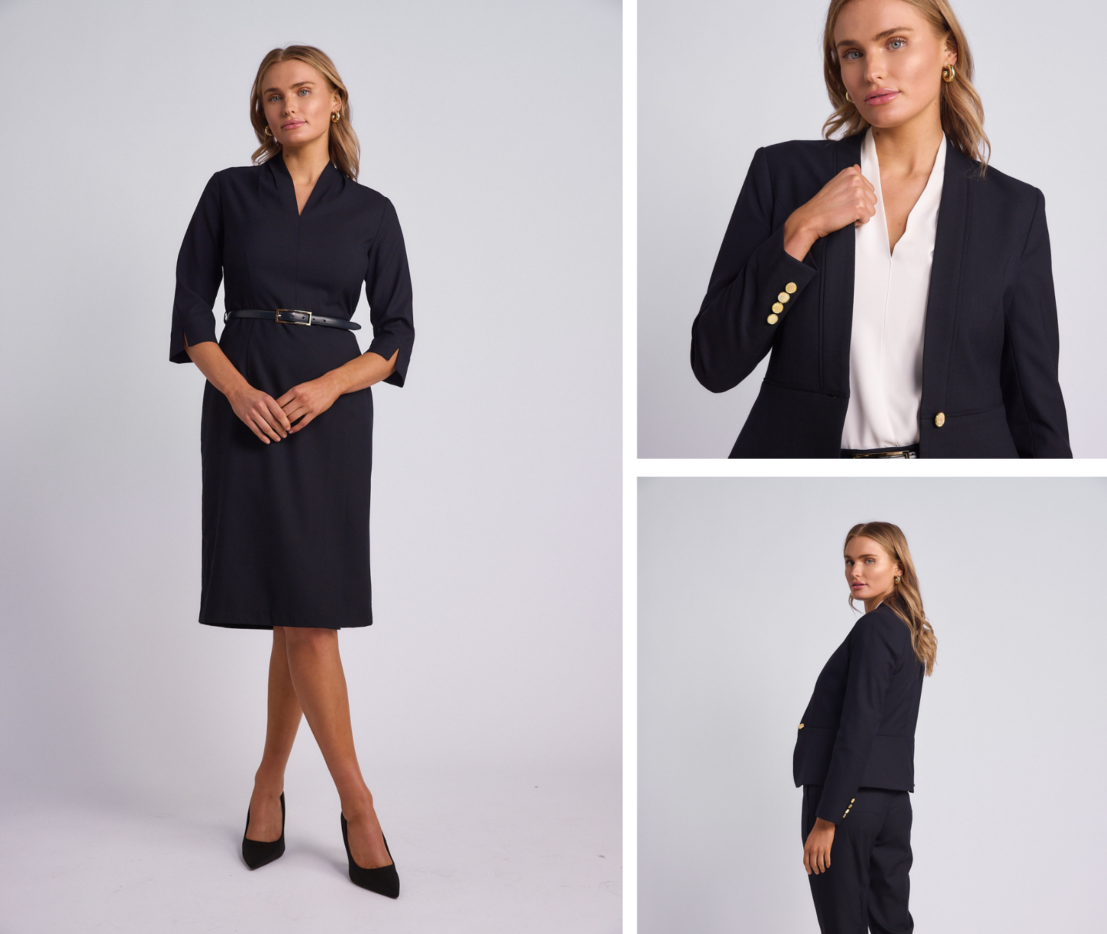 A woman wearing a black dress and high heels, and two other images of the same woman in a business suit with gold buttons and a white blouse, posing against a plain gray background.