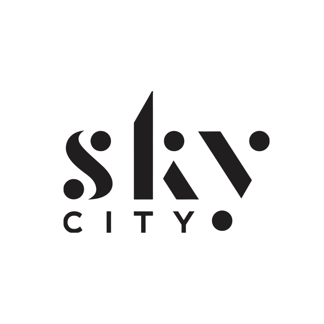 Black and white logo for Sky City with stylized text and abstract design elements.