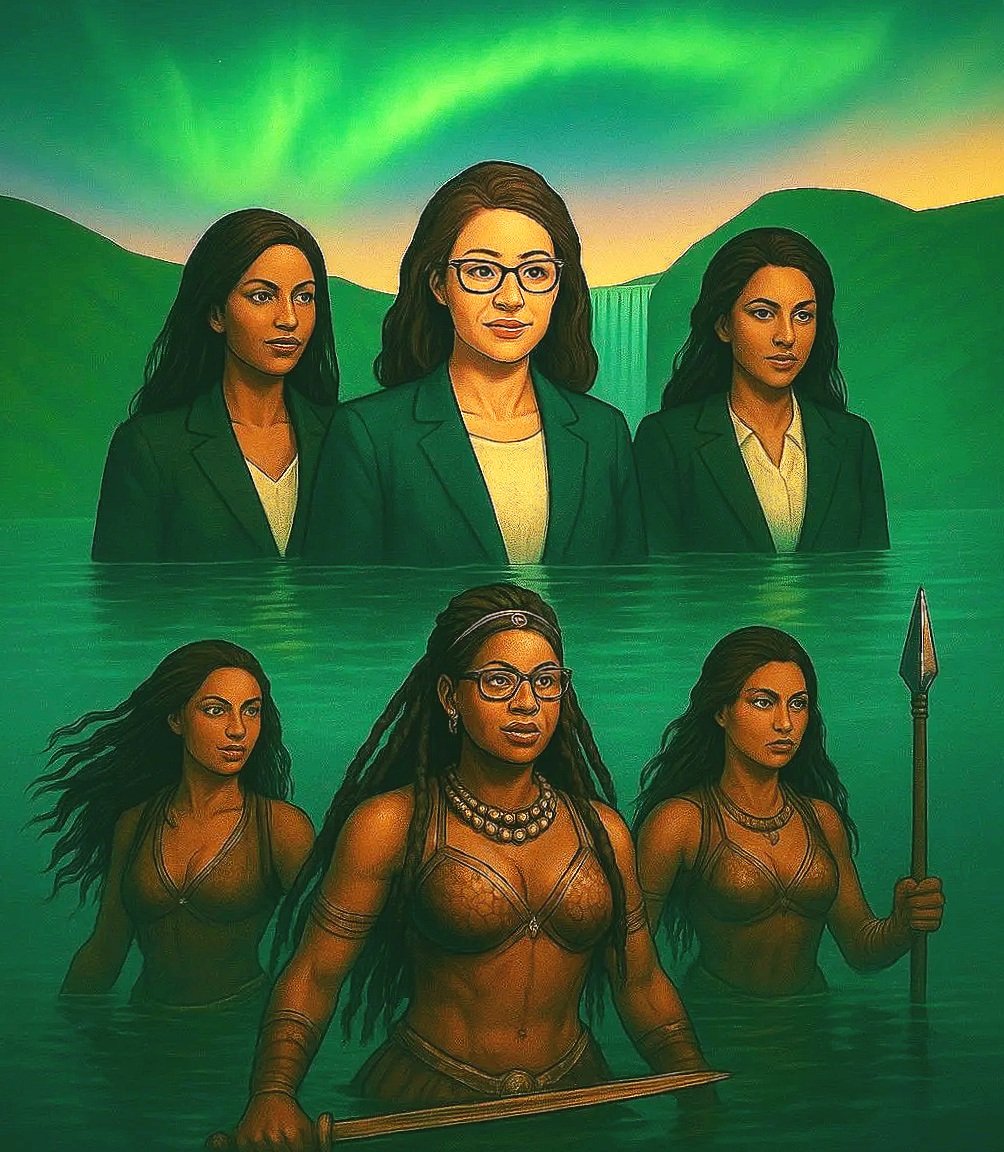 Artwork depicting a herd of women with different ethnic appearances, standing in green waters with green mountains and northern lights in the background. The women in the forefront wear warrior-like attire, while those in the background are dressed in business suits.