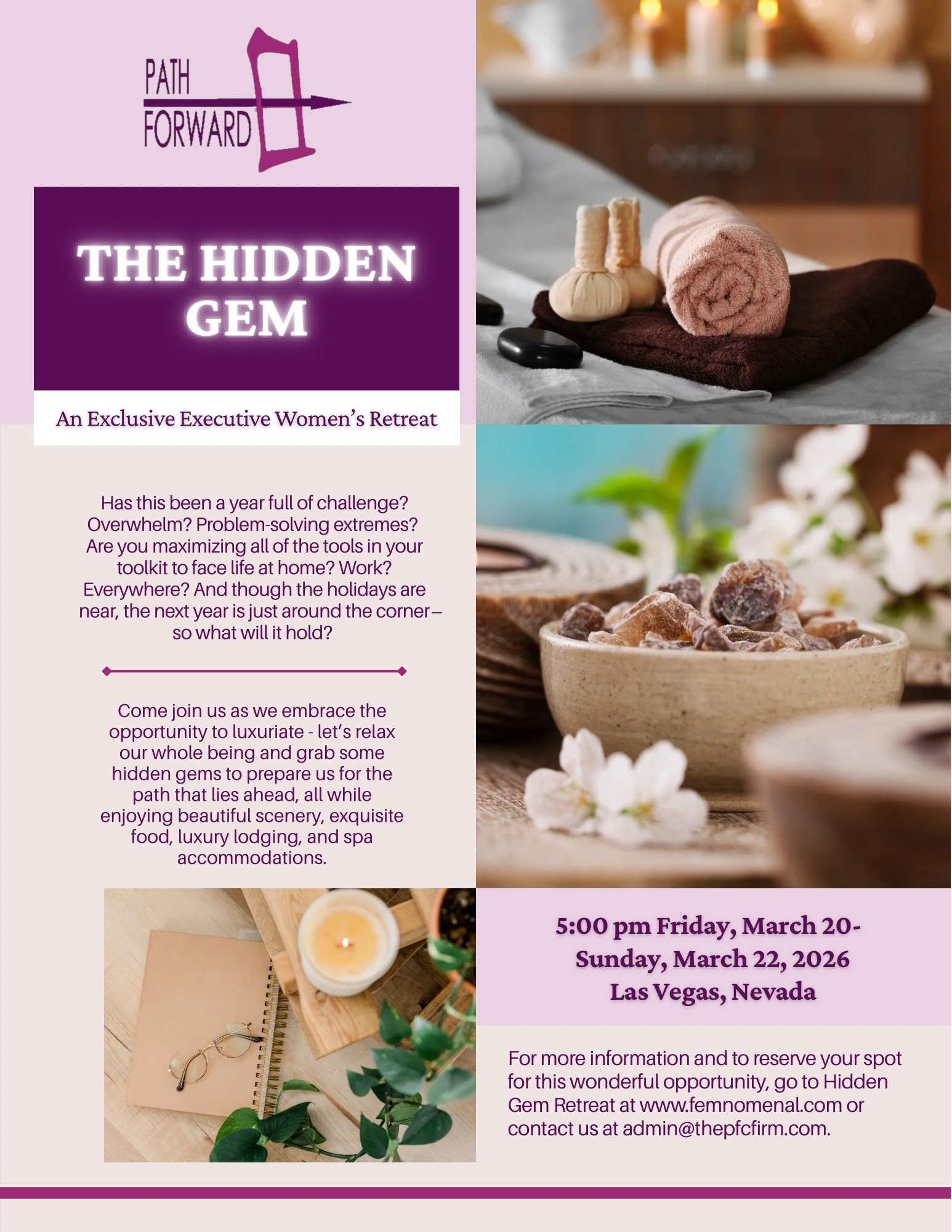 Flyer for The Hidden Gem, an exclusive executive women's retreat in Las Vegas, Nevada, scheduled from March 20-22, 2026. The flyer features images of spa items, natural stones, and relaxation accessories, with information about the event and registration details.