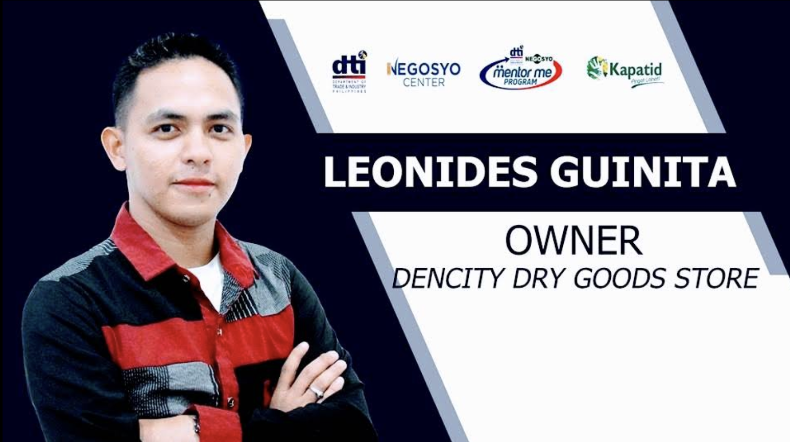 Business card or promotional graphic featuring a man with short dark hair, wearing a black and red collared shirt. Text displays the name 'Leondies Guinita', title 'Owner', and business name 'Density Dry Goods Store', with logos of various organizations at the top.