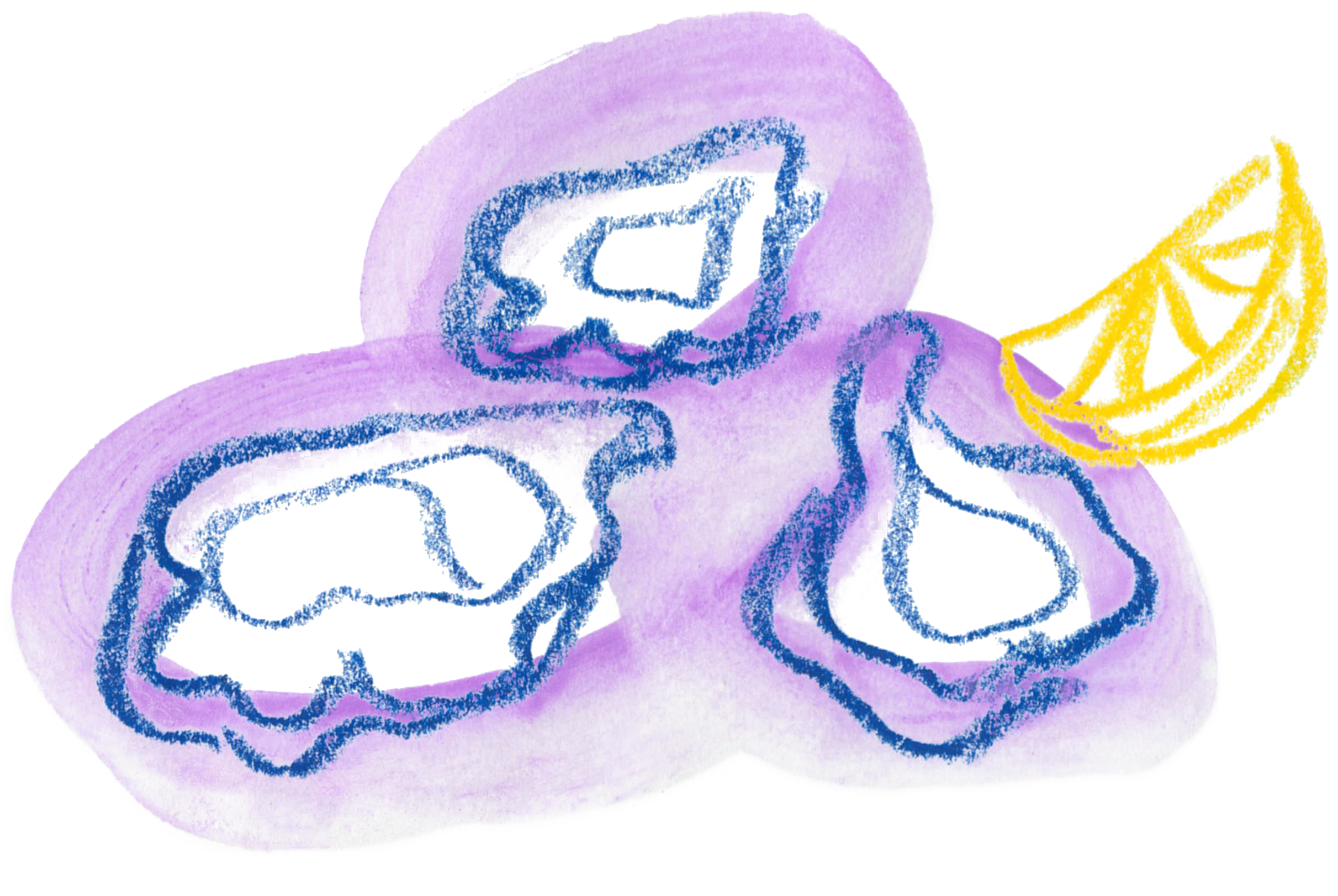 An illustrated image of three oysters and a lemon wedge.