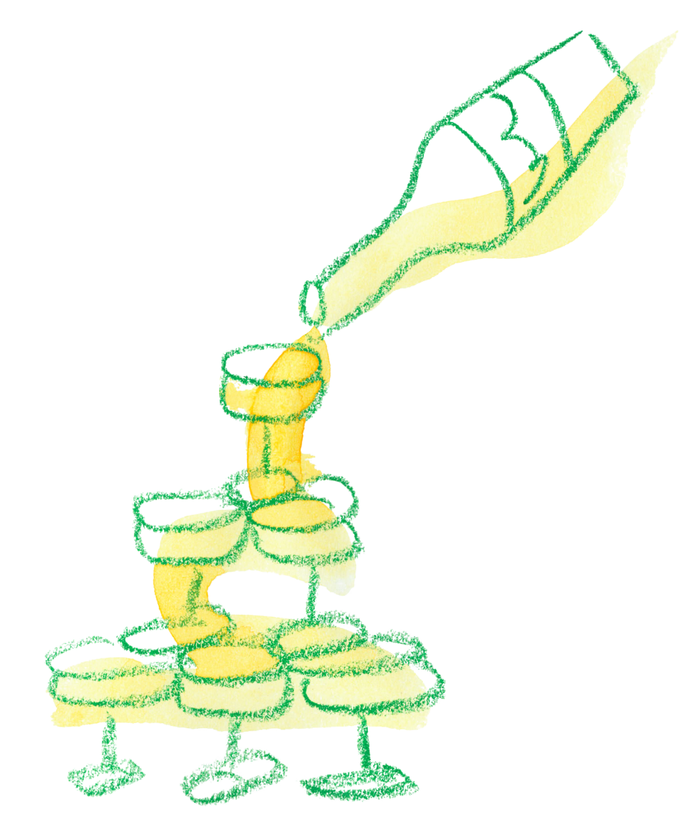 An illustrated image of a bottle of champagne being poured over a tower of champagne glasses.
