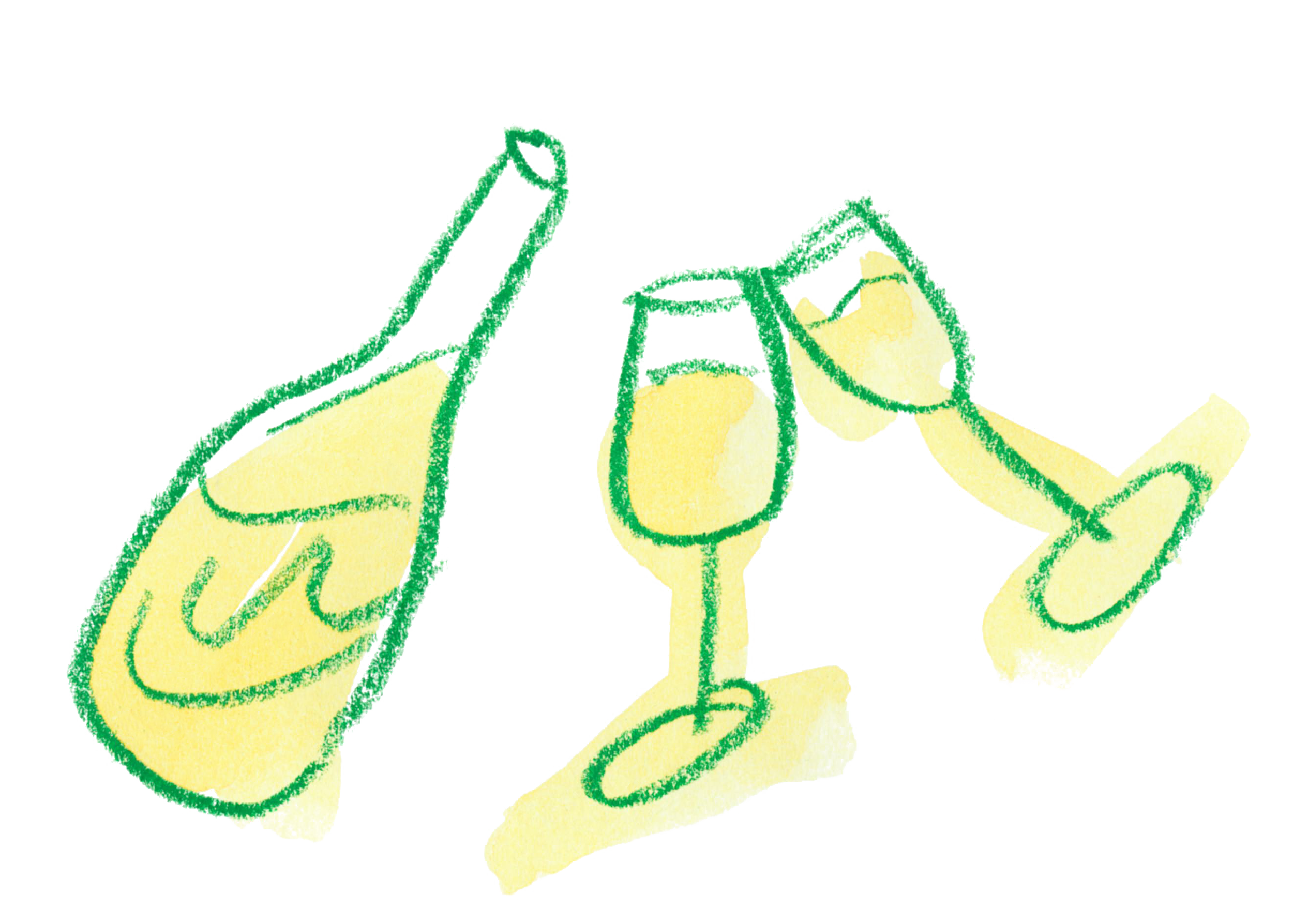 An illustrated image of two glasses coming together in a 'cheers' motion next to a bottle.