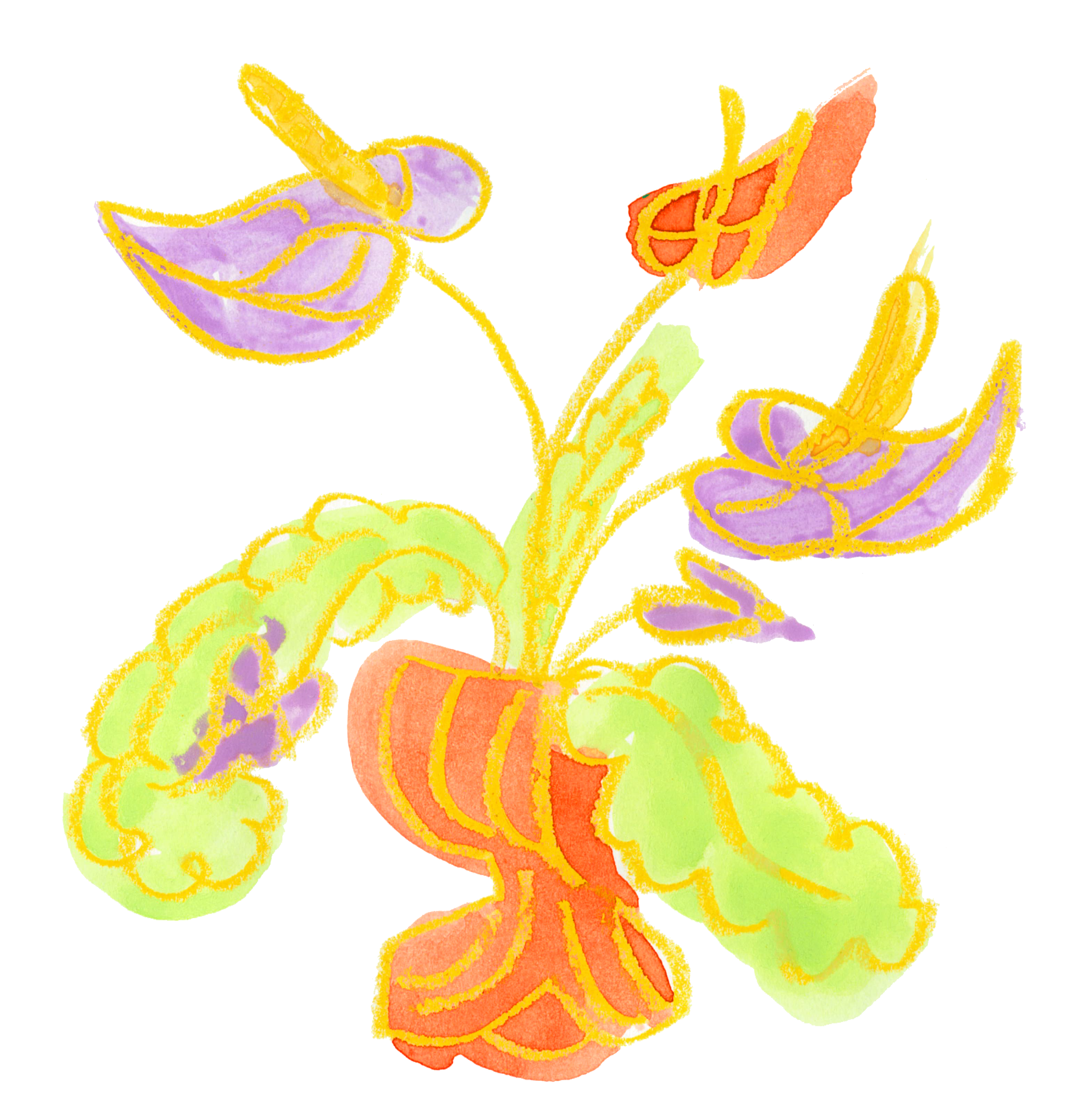 An illustrated image of brightly coloured flowers in a vase.