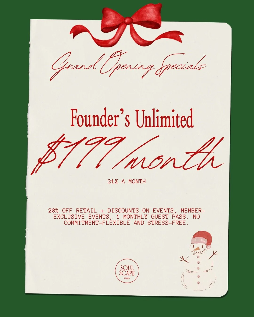 🎄✨ A Holiday Opening to Remember ✨🎄
We&rsquo;re celebrating the debut of Soulscape Pilates with exclusive, once-only founding offers:

🎁 Founders Unlimited &mdash; $199/month
A no-commitment membership with member-only events, perks, and early acc