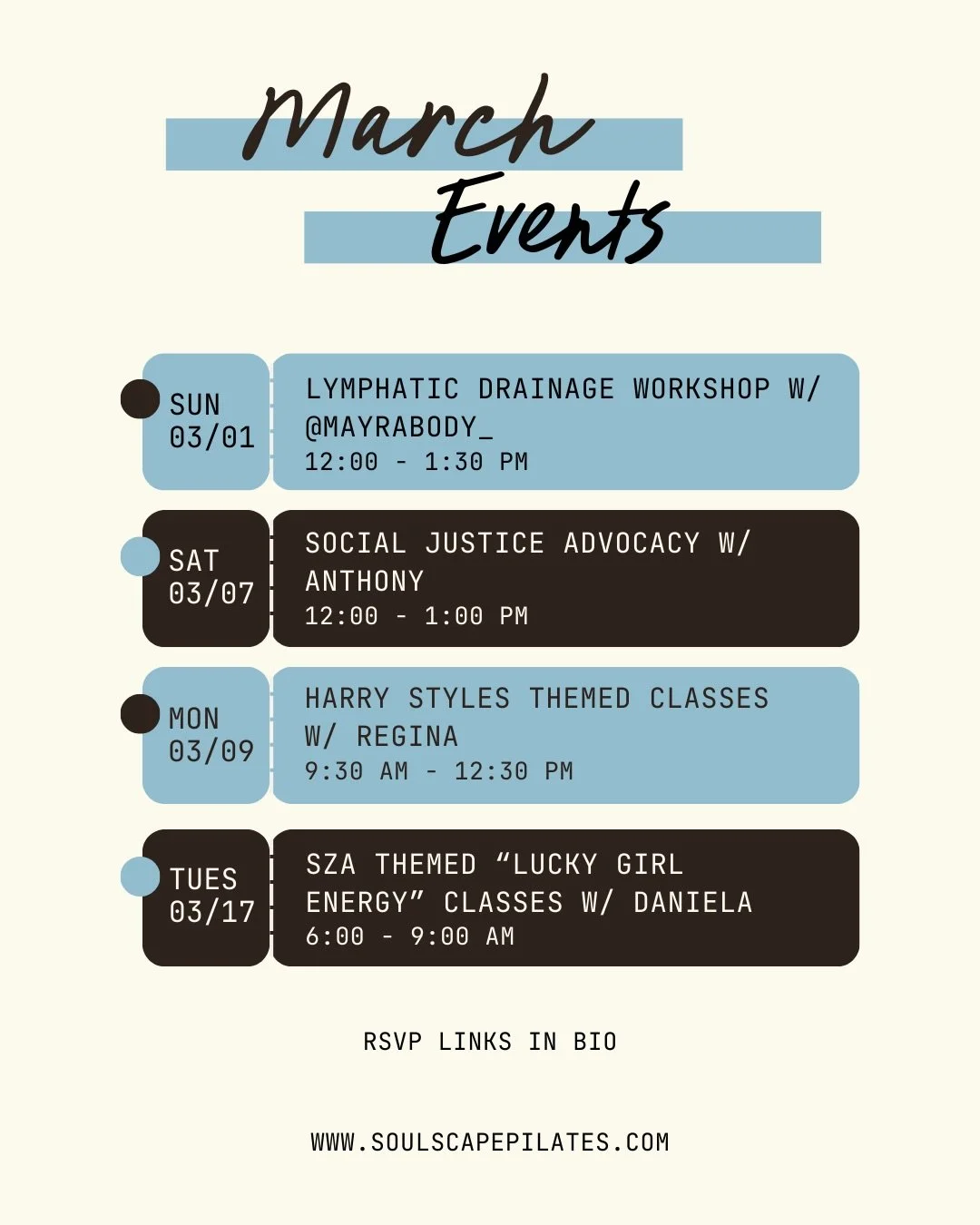 March at Soulscape is all about intention, expression, and coming together in meaningful ways. Here&rsquo;s what&rsquo;s on the calendar 🤍

💧 March 1 | 12&ndash;1:30 PM &mdash; Lymphatic Drainage Workshop in collaboration with @mayrabody_, focusing