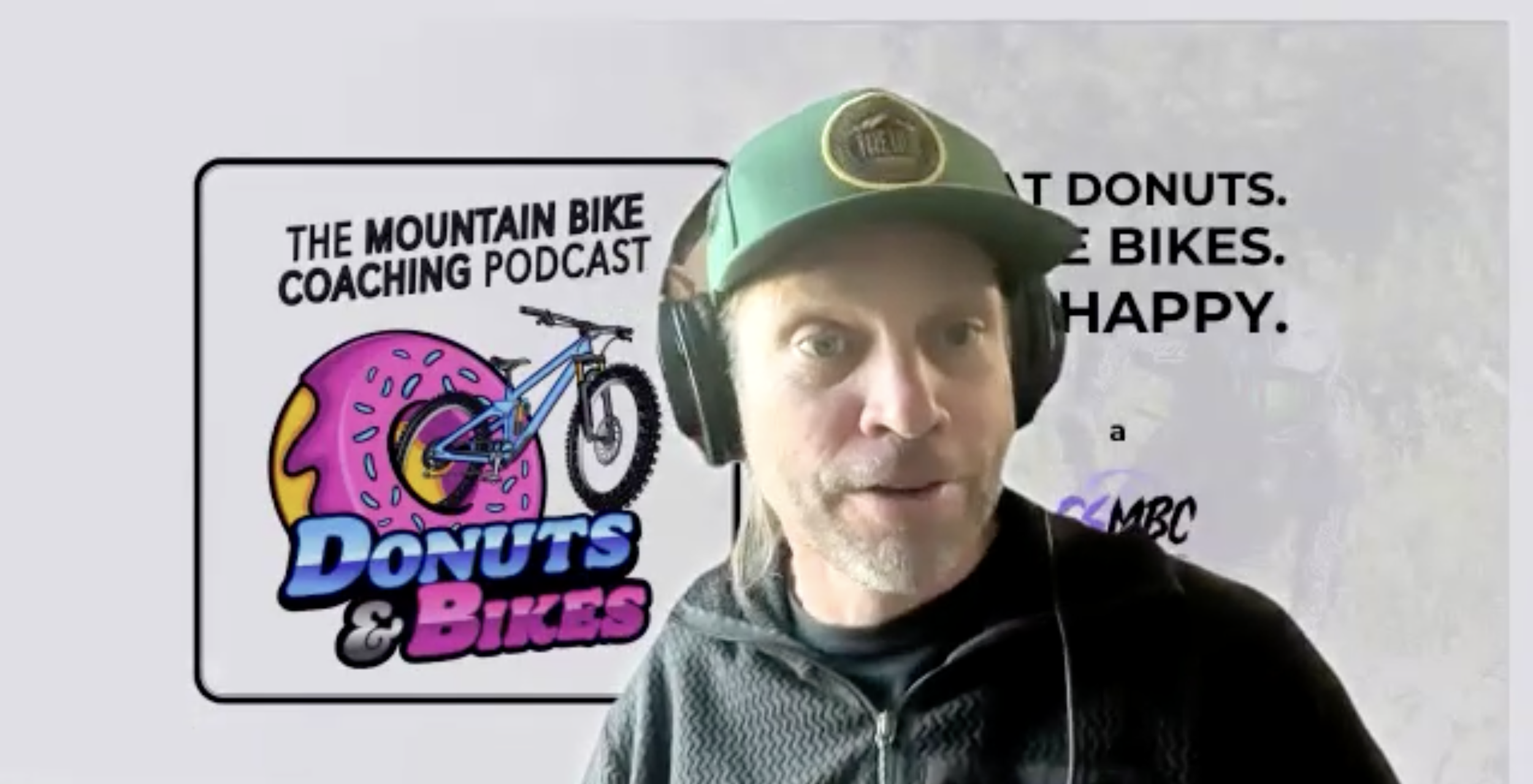 A man wearing a green cap and headphones speaking in front of a backdrop with the logo of the Mountain Bike Coaching Podcast, which features a pink donut with blue sprinkles and a mountain bike in front of it, with the text "Donuts & Bikes."