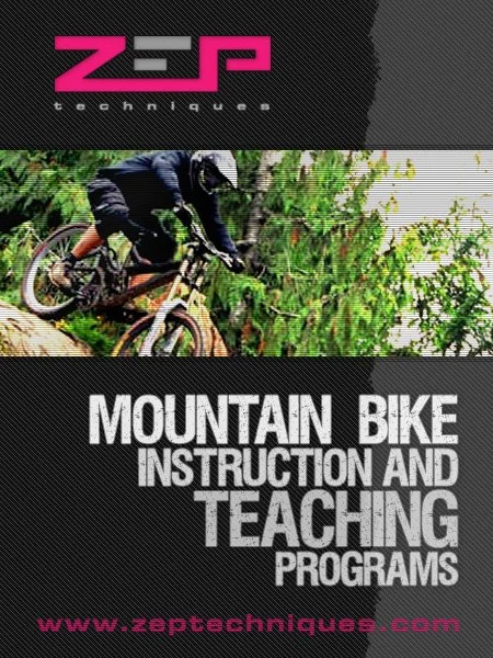 Brochure for Zep Techniques featuring a mountain biker and text about mountain bike instruction and teaching programs.