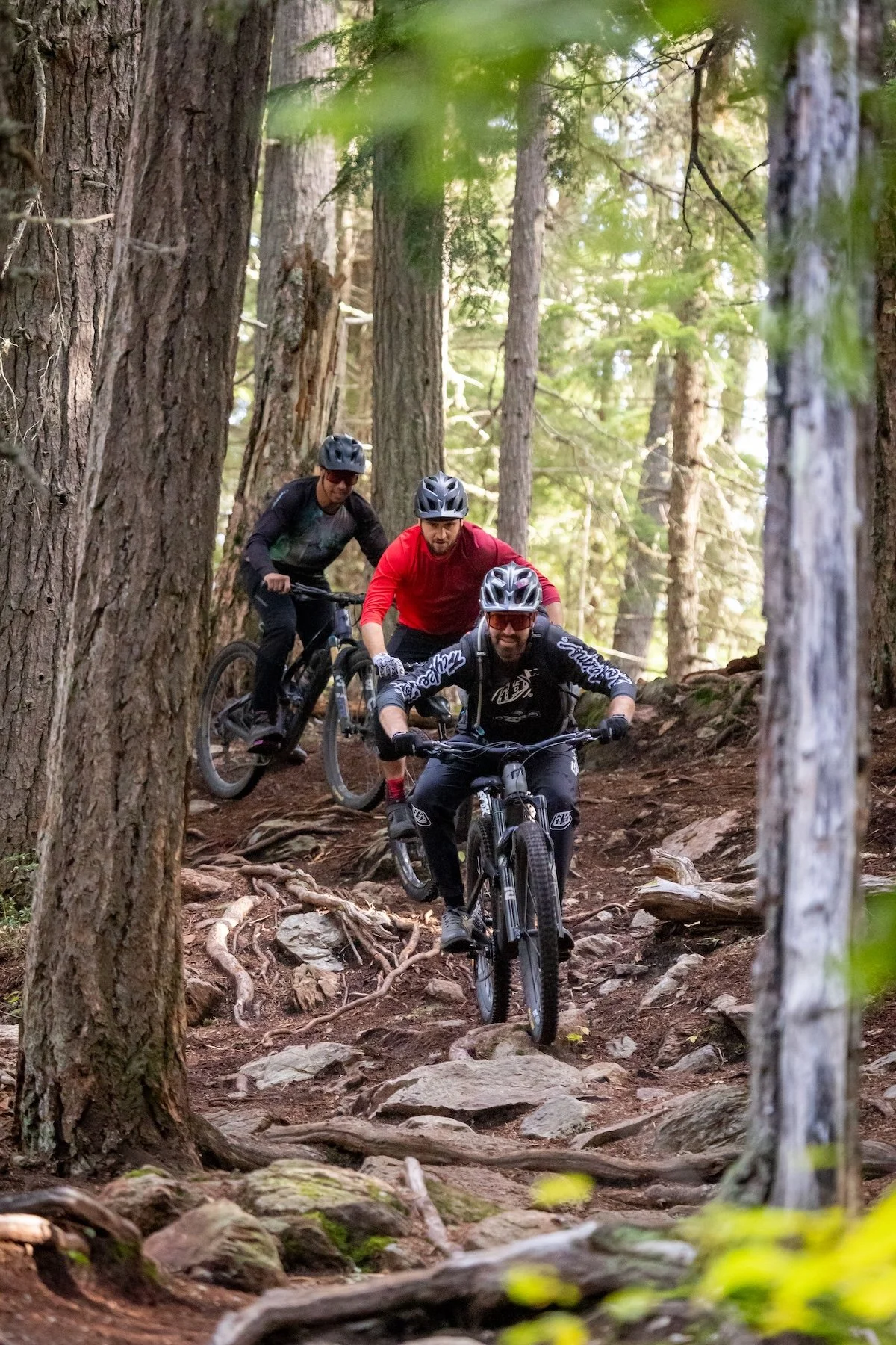 Three men mountain biking through a forest trail surrounded by tall trees and nature.
