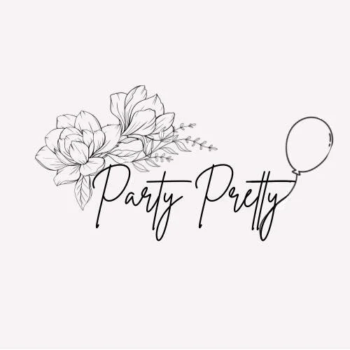 A black and white illustration of flowers and a balloon with the text 'Party Pretty' in cursive.