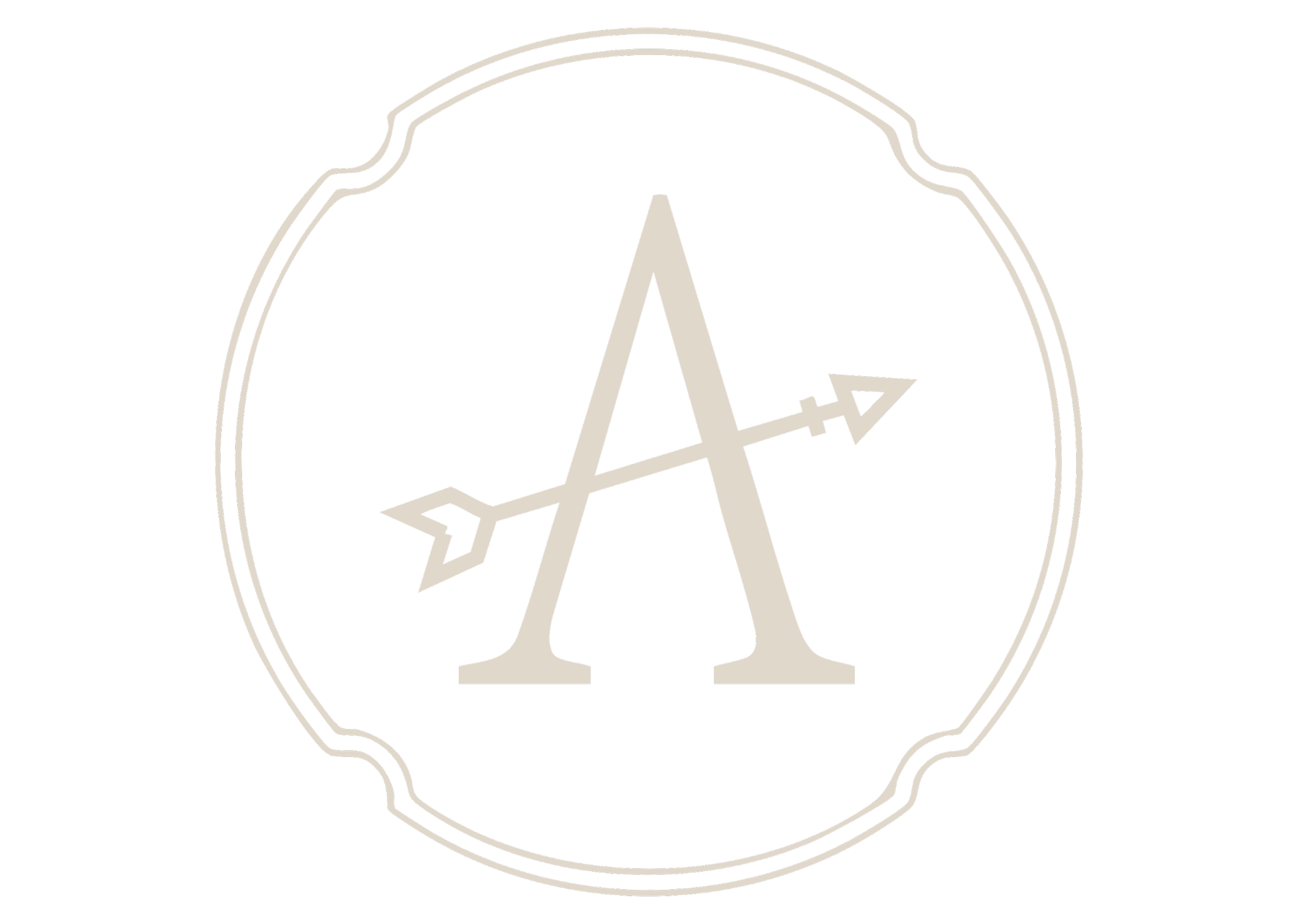 A black background with a beige stylized letter 'A' inside a decorative circular border. An arrow runs through the letter 'A', pointing to the right.