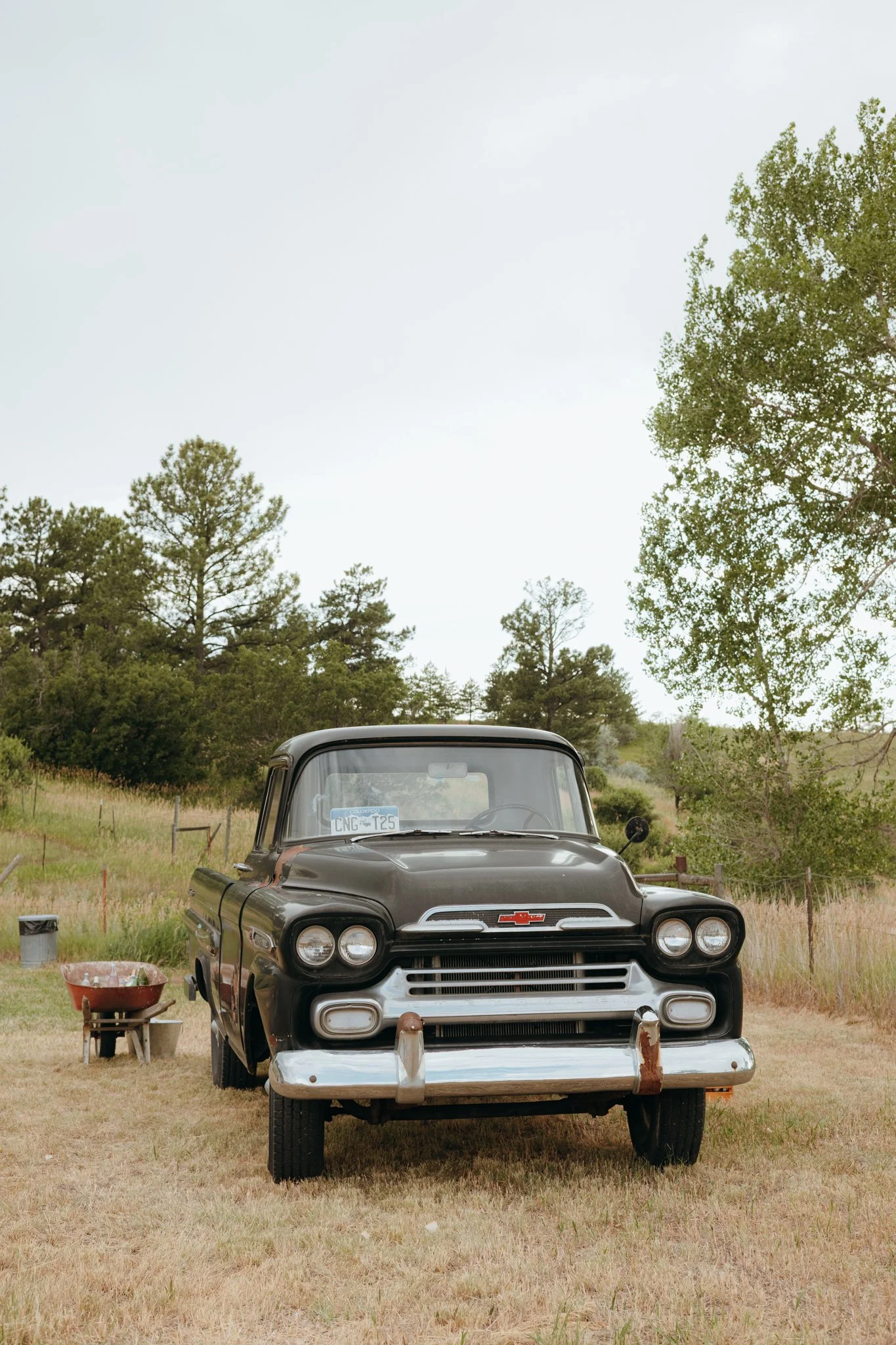 Black vintage Chevrolet pickup truck parked on grass, with a wheelbarrow and a trash can nearby, surrounded by trees and open sky.