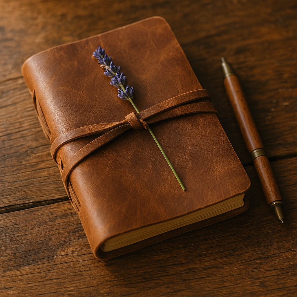 A brown leather journal with a purple lavender stem lying on top, tied with a leather strap, beside a wooden pen on a wooden surface.