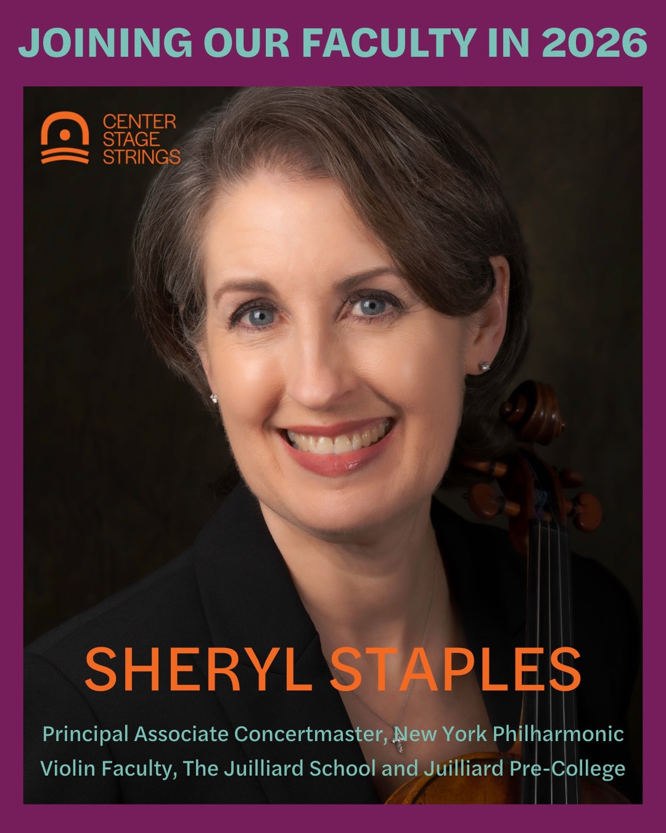 We are thrilled to welcome Sheryl Staples to our faculty in 2026. Staples is the Principal Associate Concertmaster of the New York Philharmonic and is on faculty at The Juilliard School and a pre-college.

&ldquo;I am delighted to be joining the viol