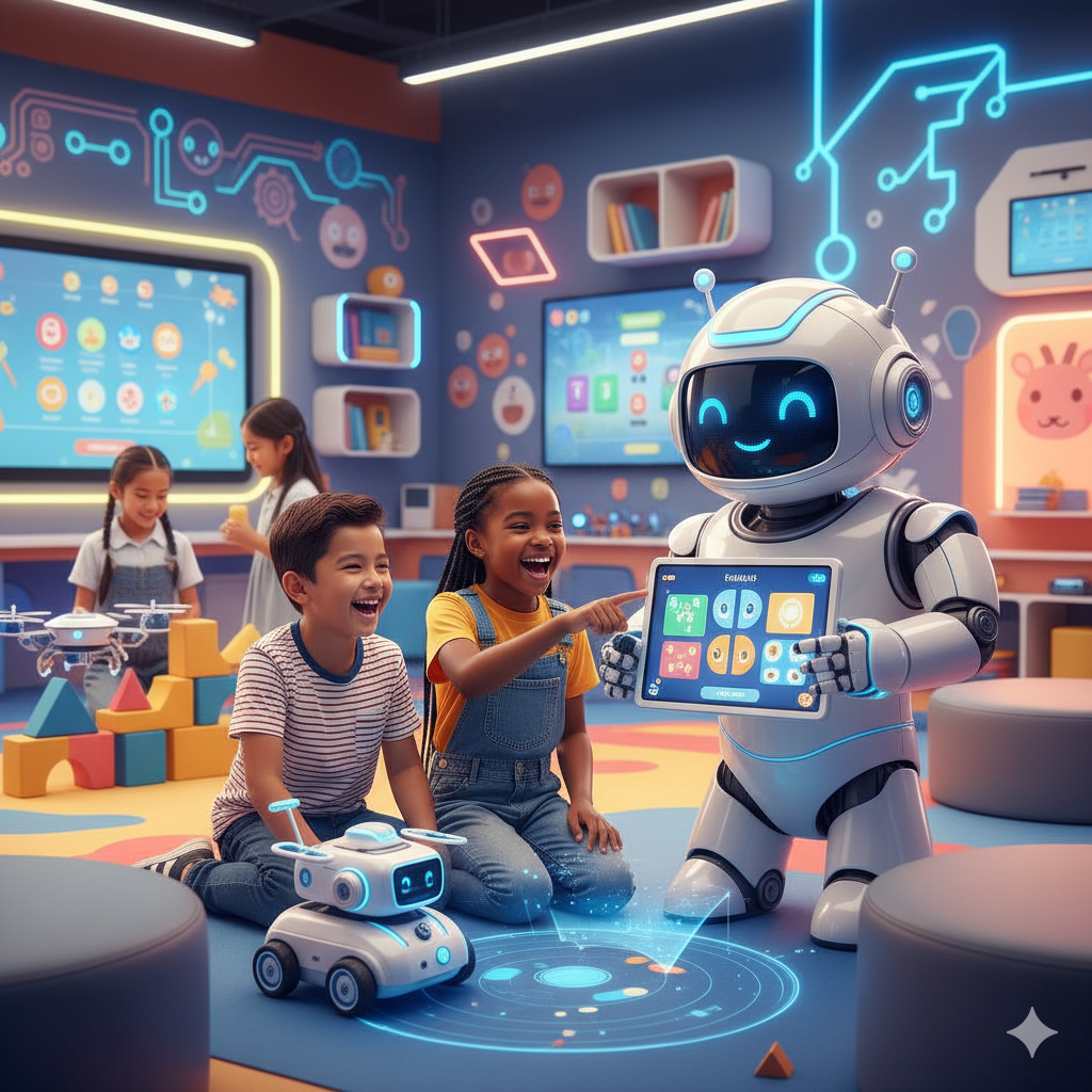 Children in a colorful, high-tech classroom playing with a friendly robot. The robot holds a tablet and appears to be teaching or demonstrating something to the kids, who are smiling and interacting happily.