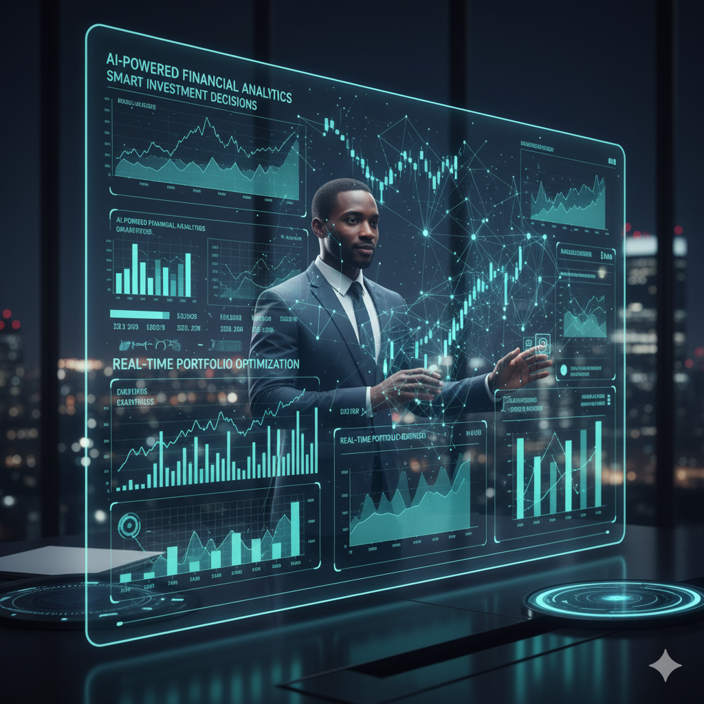 Business professional in a suit interacts with a transparent digital dashboard displaying financial charts and analytics on a futuristic interface at night, with city lights in the background.