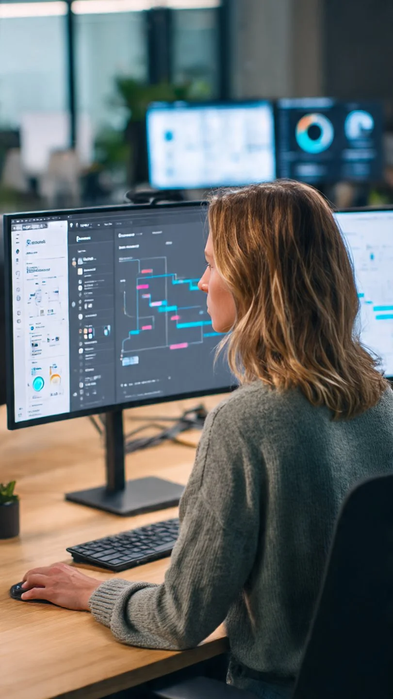A woman working at a computer with multiple monitors displaying data and charts in an office setting.