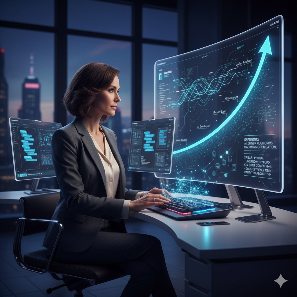 A woman in business attire working at a desk with multiple futuristic computer screens displaying data and graphs, with a city skyline visible through large windows in the background.