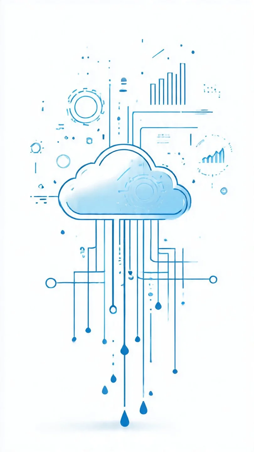 A digital illustration of a cloud with lines and droplets extending downward, surrounded by abstract data charts and graphs in shades of blue.