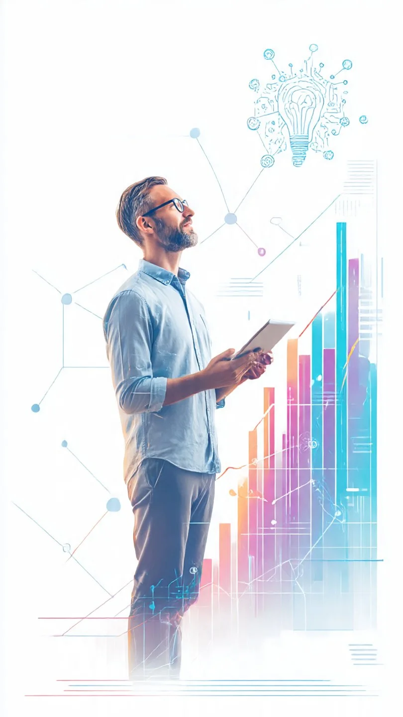 A man with glasses and a beard holding a tablet, standing in front of a virtual display with colorful charts and a lightbulb sketch, symbolizing innovation or ideas.