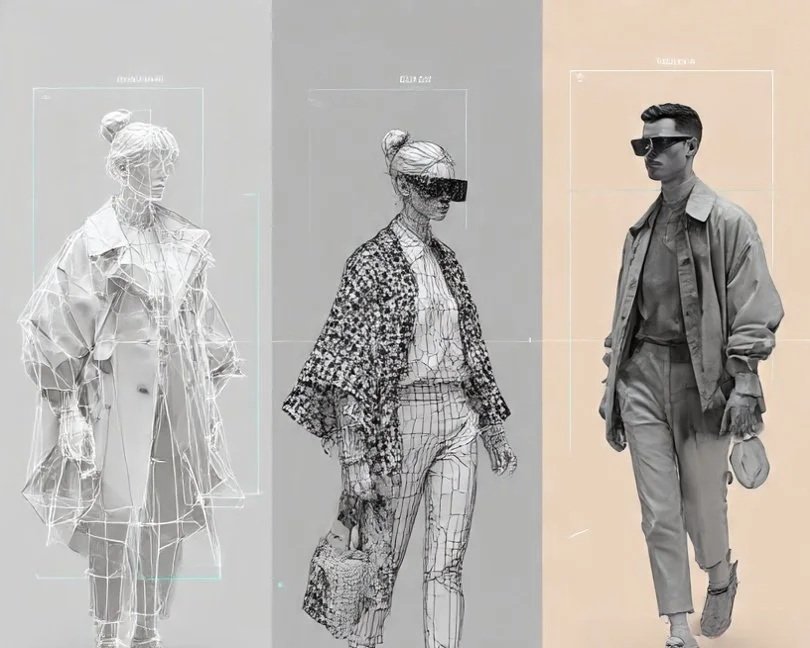Digital art and 3D renderings of three fashion models in different outfits, displayed in a grid-like format.