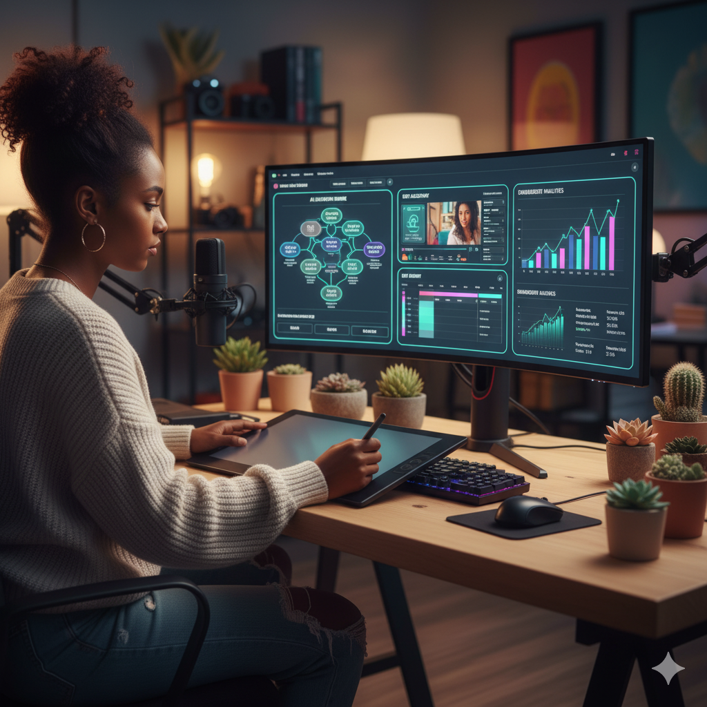 Woman working at a desk with a digital drawing tablet and a computer displaying analytics, charts, and a video call, surrounded by small potted cacti.