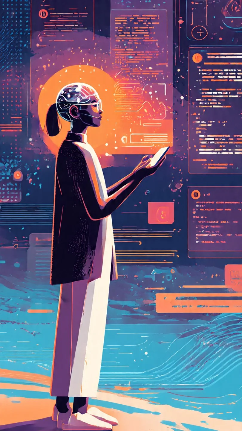 A futuristic female scientist with cybernetic glasses and a headset, using a high-tech tablet in a digital data environment with floating screens and graphical interfaces.