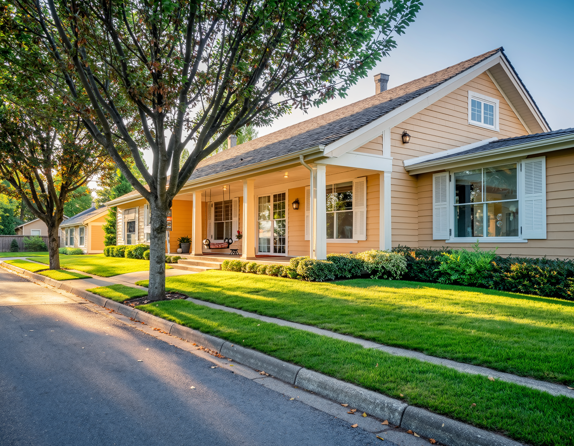A charming suburban house with a yellow exterior, white trim, a front porch with a swing, well-manicured lawn, and trees lining the street during daytime.