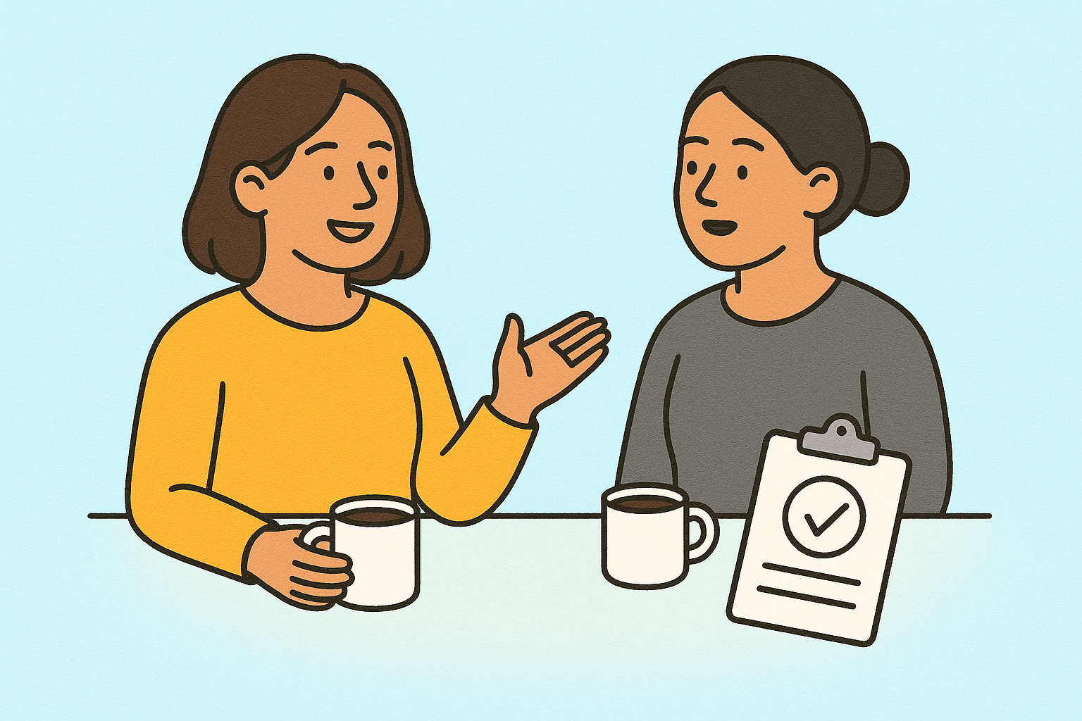 A clinical supervisor discussing clinical cases with their supervisee over coffee