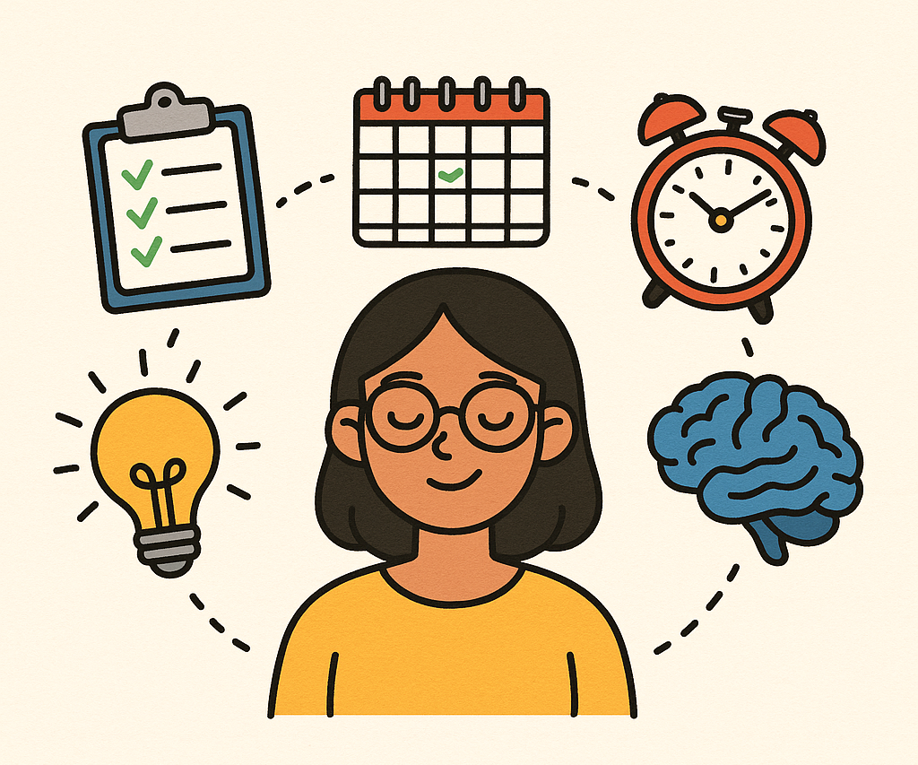 An individual considering ideas, scheduling, to do lists, timing, and how their brain works