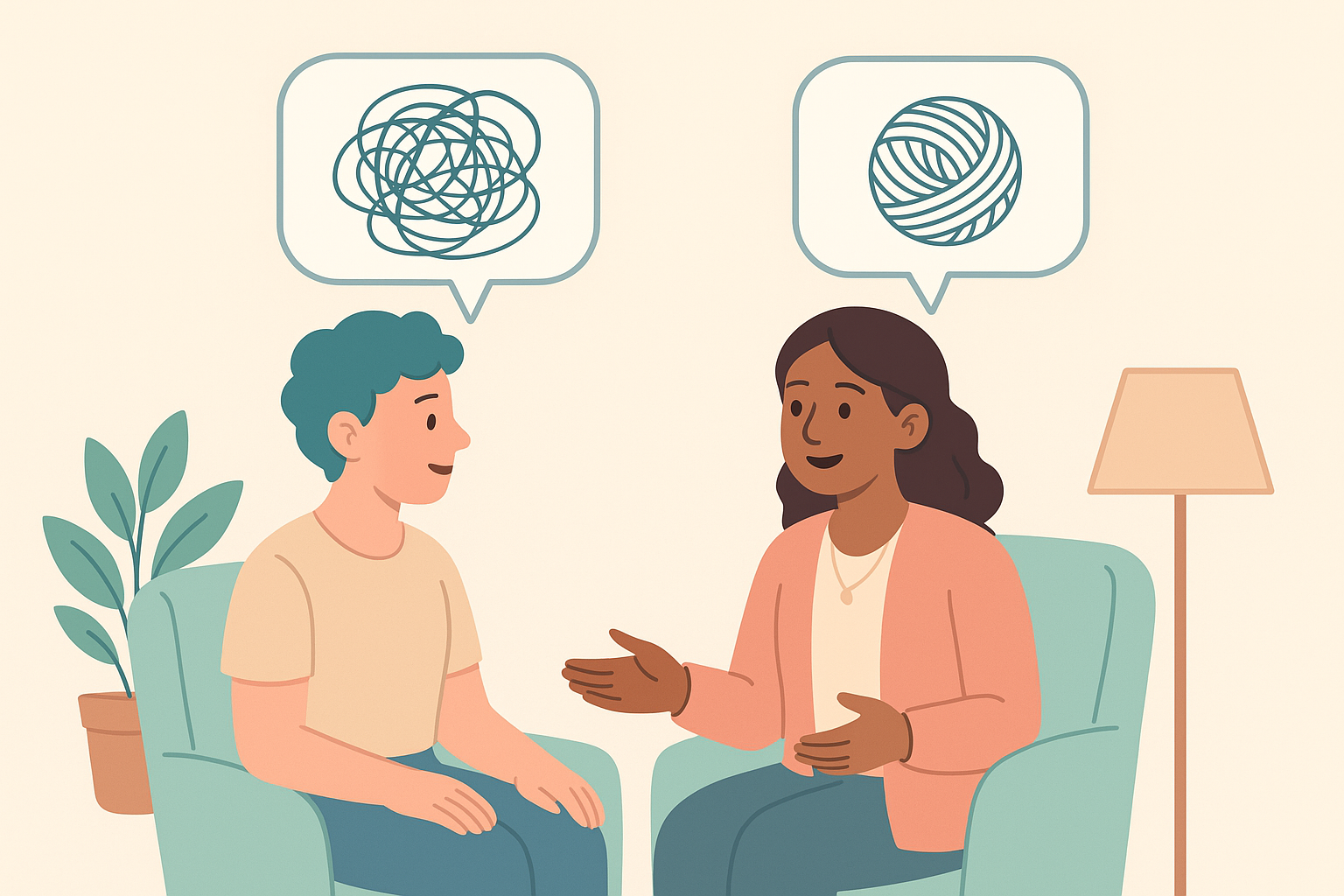 Psychotherapist talking to a patient helping them untangle their thoughts
