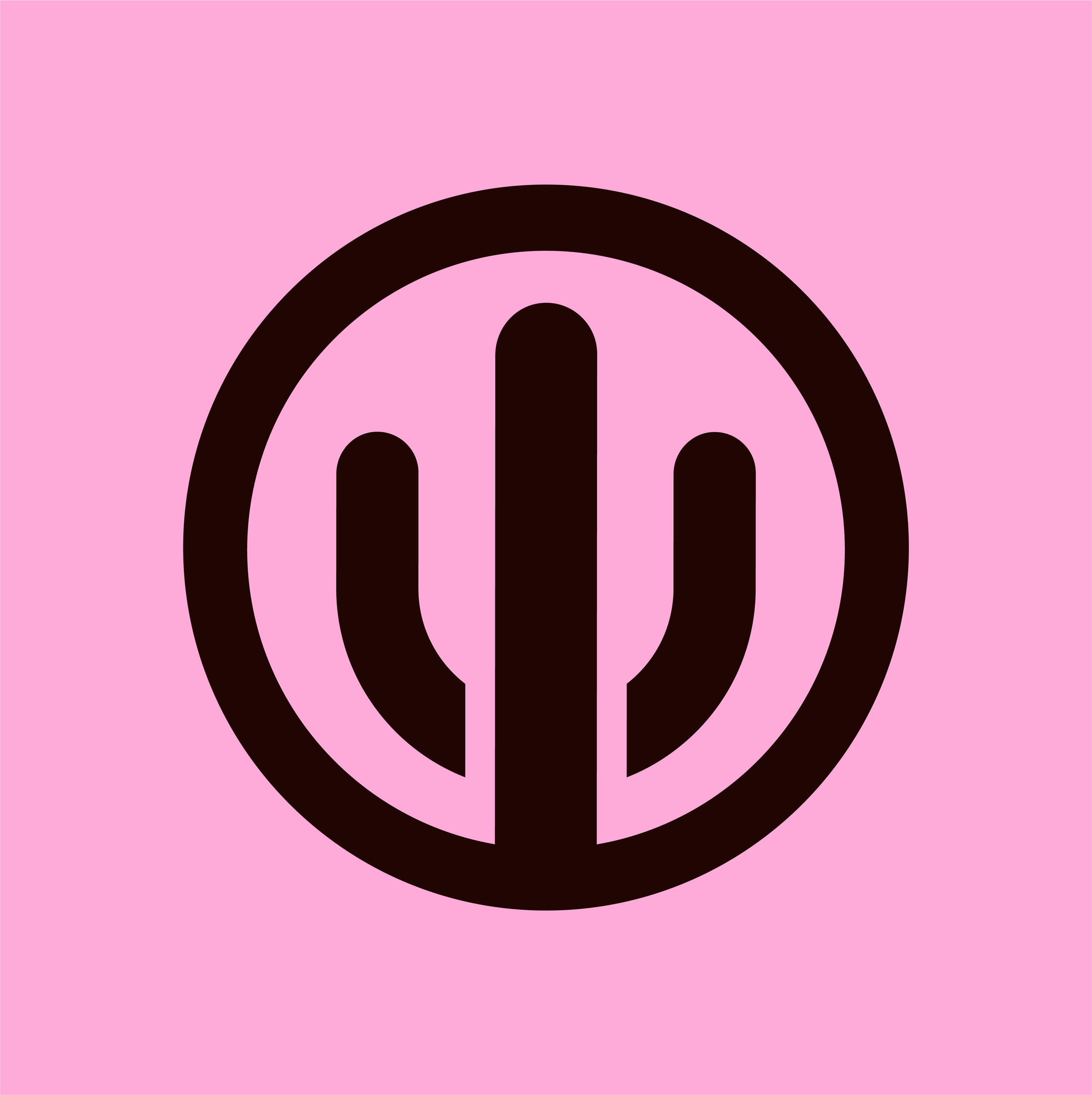 Black cactus logo inside a black circle on a pink background.